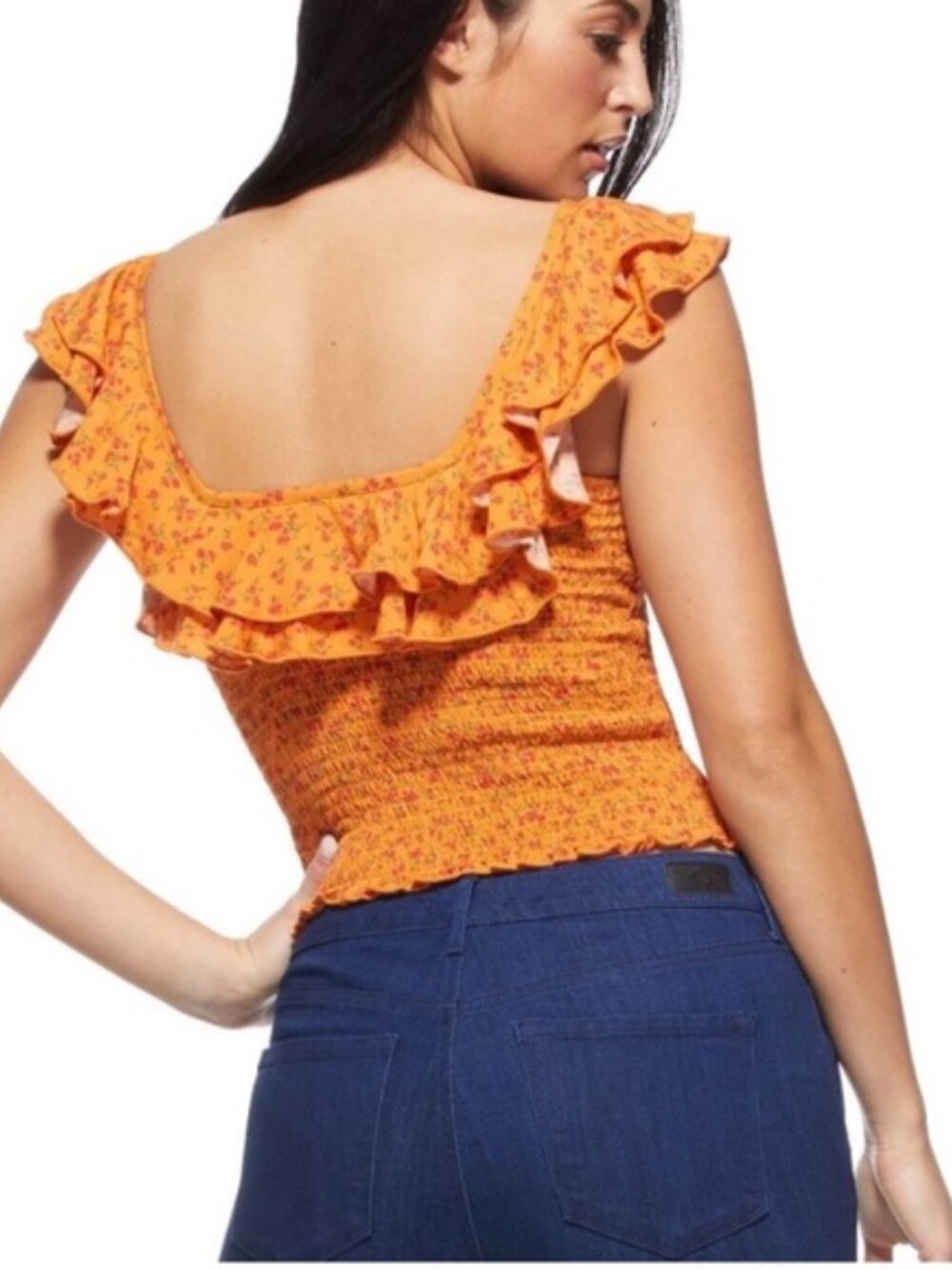 Sleeveless Ruffle Women’s Smocked Top in orange marigold floral print